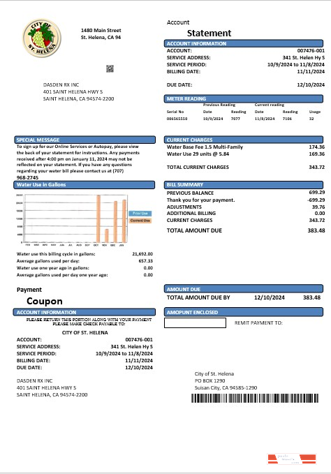 USA California City of St Helena business utility bill template in Word and PDF formats